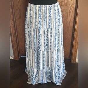 Ultra Flirt Blue and White Tiered Maxi Skirt